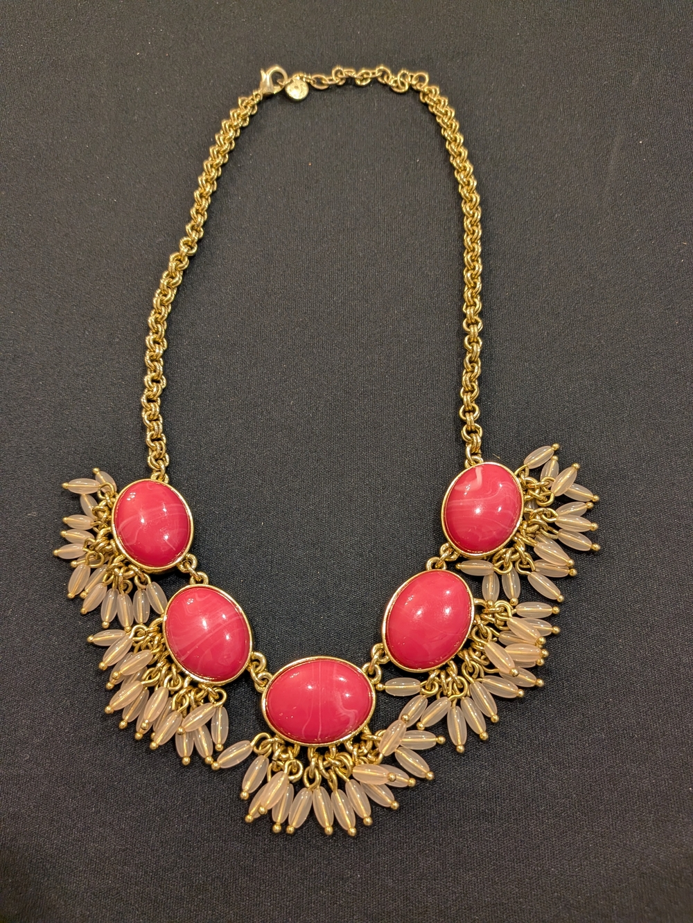 Vintage 1980s Gold-Tone Pink Statement Necklace11" - Bold Pink Cabochon Bib